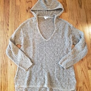 J. Jill Open-Knit Hooded V-Neck Sweater - Taupe Size: S
